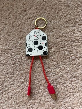 RADLEY LONDON White & Black Polka Dot Dog Tag Keychain Charger with Red Cable